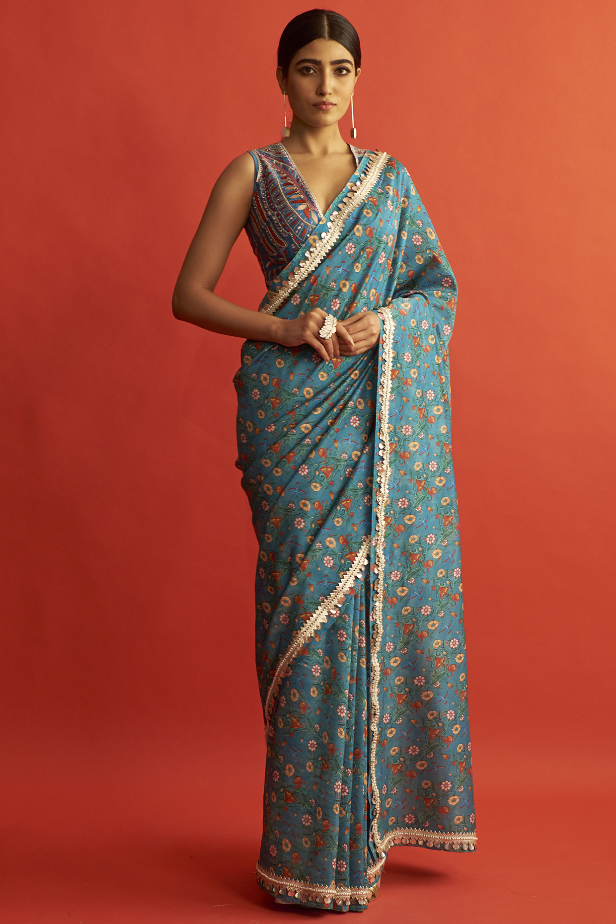 Blue Handwoven Chanderi Floral Printed Party Wear Saree by Saksham and Neharicka at Pernia's Pop Up Shop