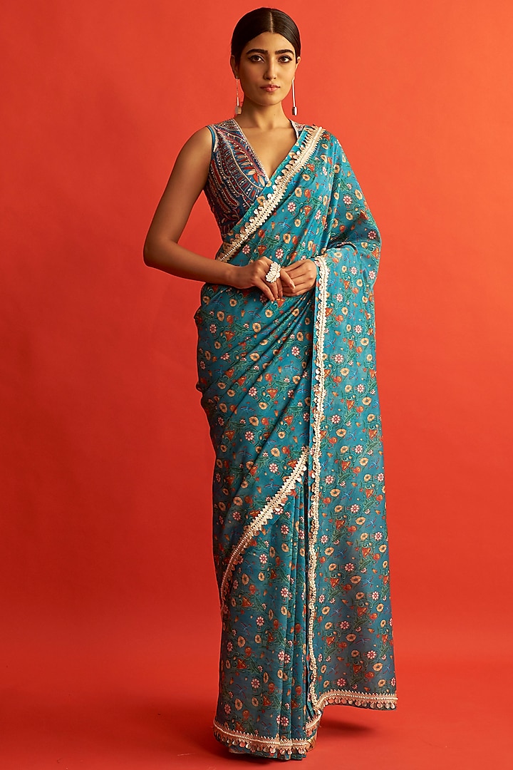 Blue Handwoven Chanderi Floral Printed Saree by Saksham and Neharicka