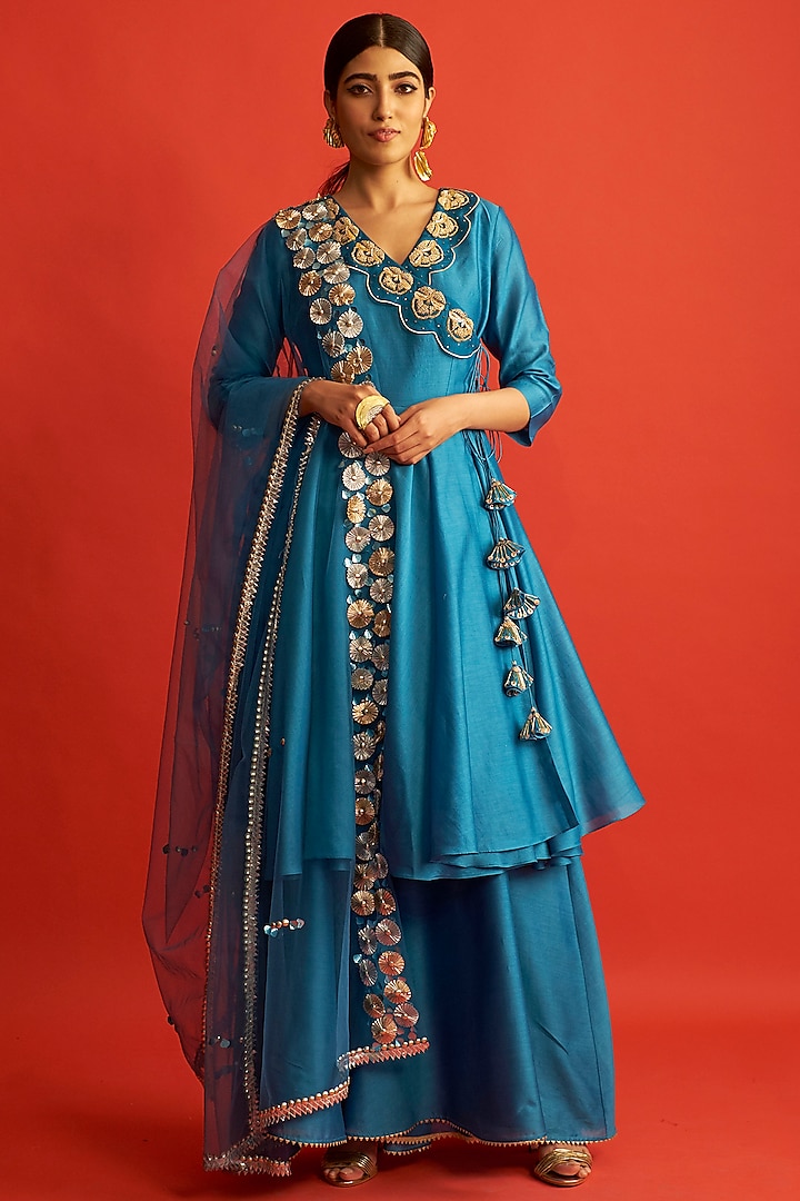 Blue Embroidered Angrakha Kurta Set by Saksham and Neharicka