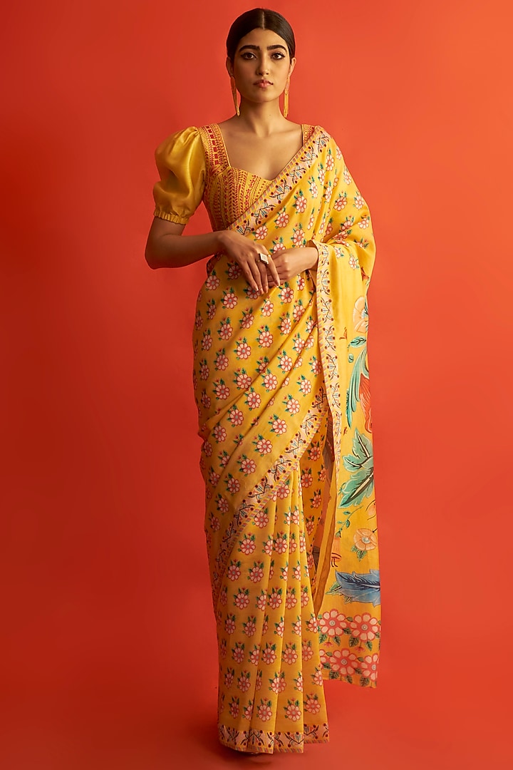 Yellow Floral Printed Saree Set by Saksham and Neharicka