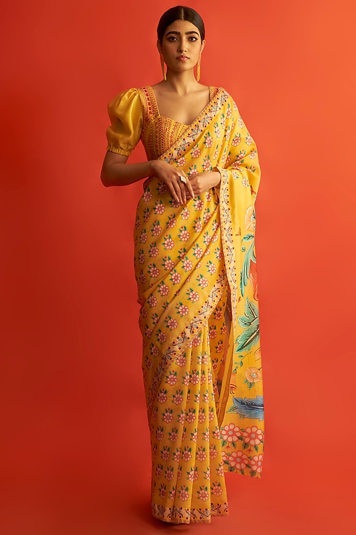 Yellow Floral Printed Saree Set by Saksham and Neharicka at Pernia's Pop Up Shop