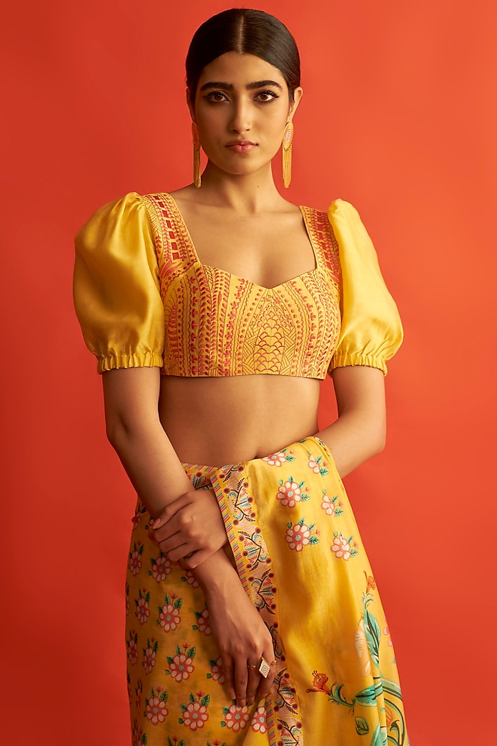 Yellow Thread Embroidered Blouse by Saksham and Neharicka