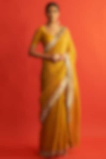 Mustard 3D Floral Hand Embroidered Saree Set by Saksham and Neharicka at Pernia's Pop Up Shop