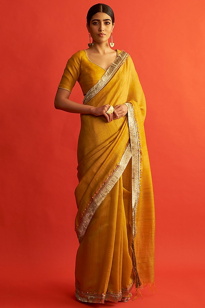 Mustard 3D Floral Hand Embroidered Saree Set by Saksham and Neharicka at Pernia's Pop Up Shop