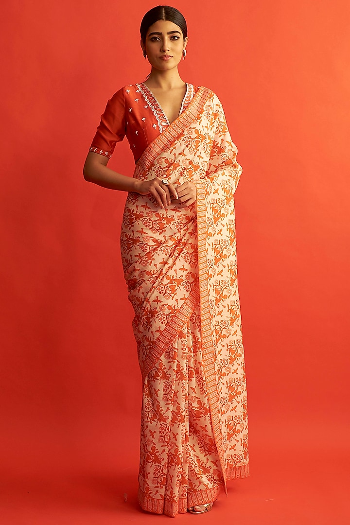Ivory & Red Floral Printed Saree Set by Saksham and Neharicka