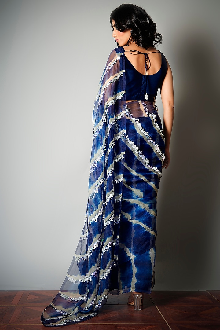 Blue Silk Organza Tie-Dyed & Embroidered Wedding Saree by Saksham and Neharicka at Pernia's Pop Up Shop