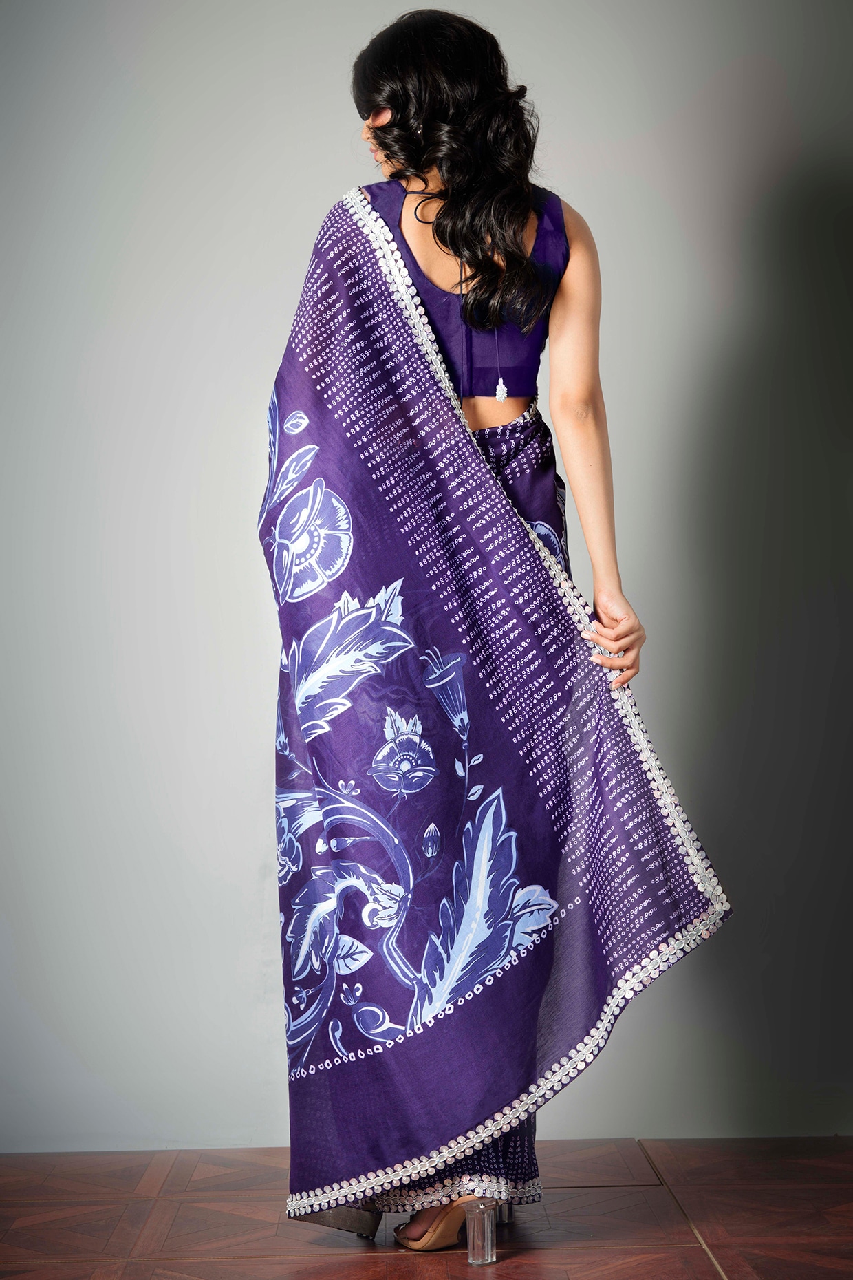 Shop Ink Blue Silk Saree With Contrast Blouse Online