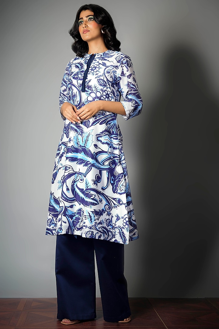 Blue & Ivory Printed Handcrafted Kurta by Saksham and Neharicka