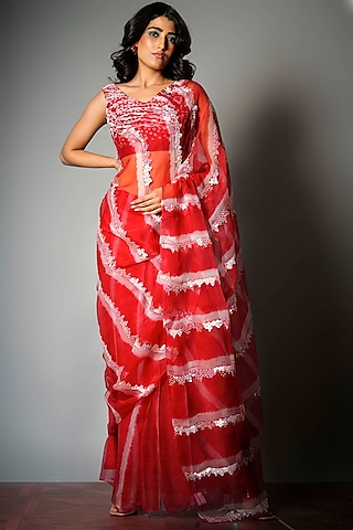 Red Silk Organza Tie-Dyed & Embroidered Saree by Saksham and Neharicka