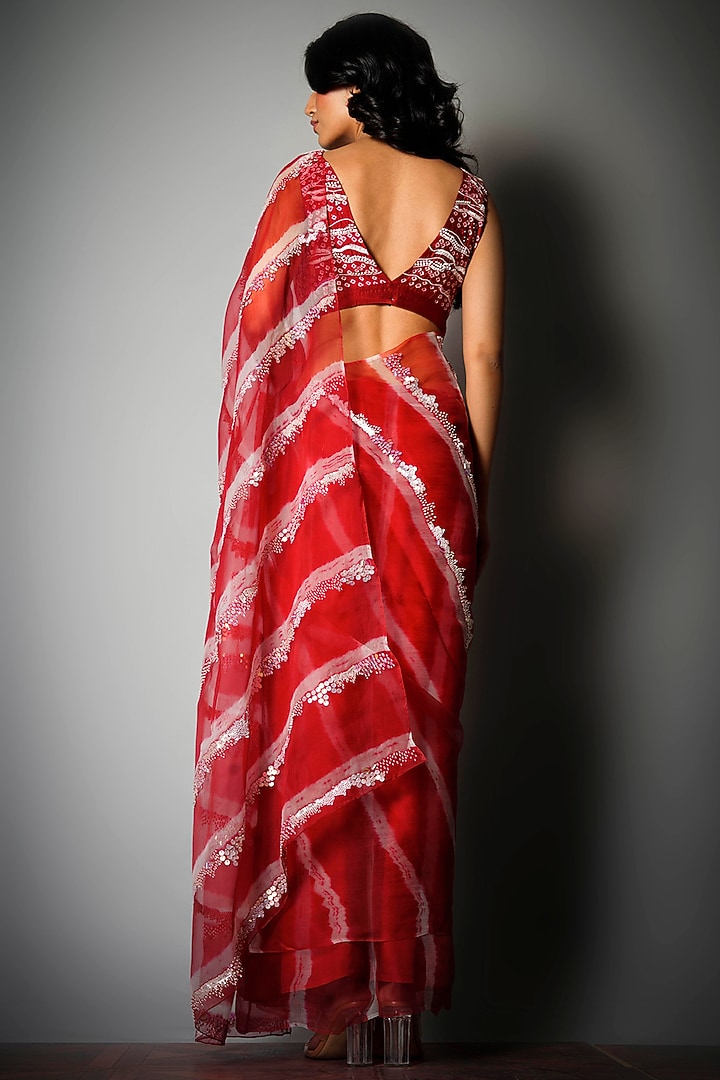 Red Silk Organza Tie-Dyed & Embroidered Wedding Saree by Saksham and Neharicka at Pernia's Pop Up Shop