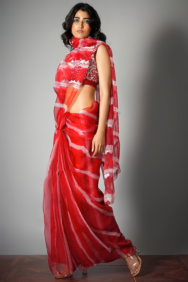 Red Silk Organza Tie-Dyed & Embroidered Wedding Saree by Saksham and Neharicka at Pernia's Pop Up Shop