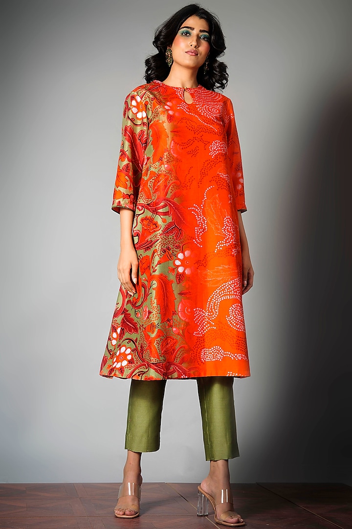 Orange & Olive Green Printed A-Line Kurta Set by Saksham and Neharicka