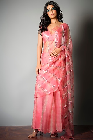 Pink Silk Organza Tie-Dyed & Embroidered Saree by Saksham and Neharicka