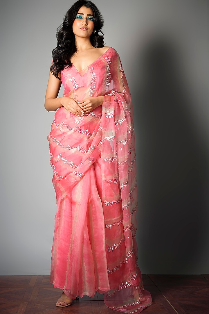 Pink Silk Organza Tie-Dyed & Embroidered Wedding Saree by Saksham and Neharicka at Pernia's Pop Up Shop