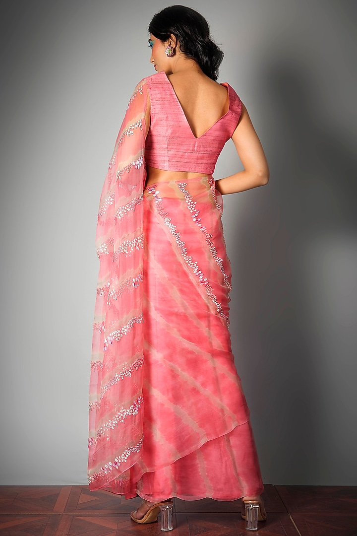 Pink Silk Organza Tie-Dyed & Embroidered Wedding Saree by Saksham and Neharicka at Pernia's Pop Up Shop