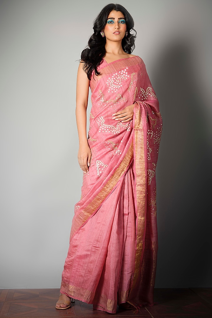 Pink Tussar Silk Hand Embroidered Saree by Saksham and Neharicka