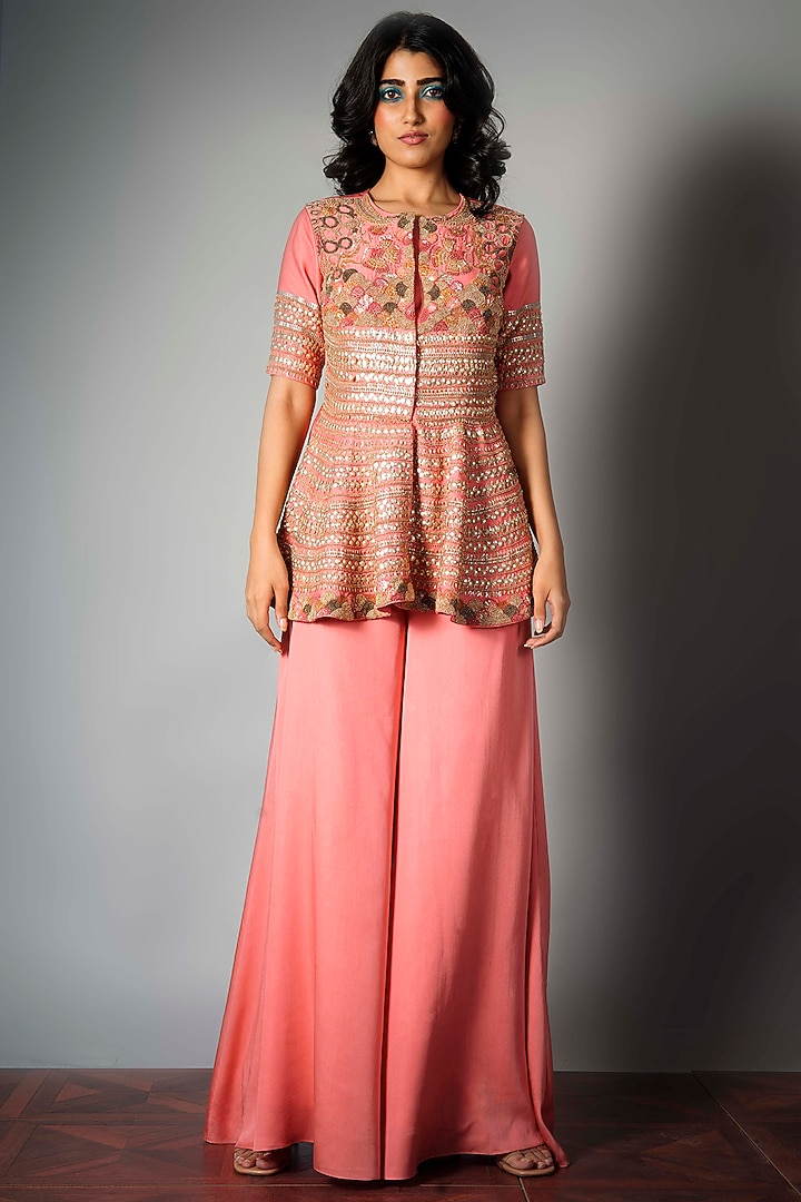 Pink Viscose Satin Wedding Sharara Set by Saksham and Neharicka at Pernia's Pop Up Shop