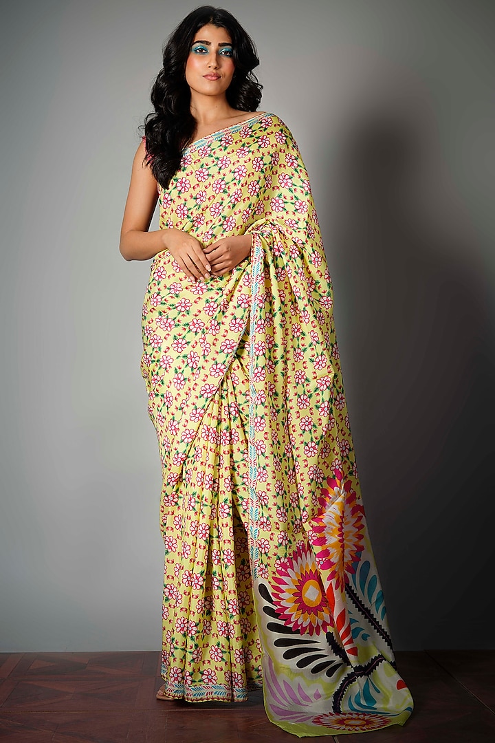 Lime Green Viscose Silk Digital Printed & Embroidered Saree by Saksham and Neharicka