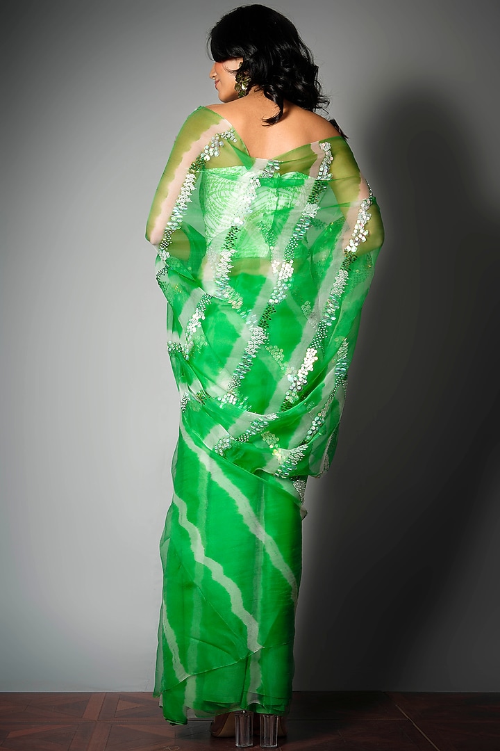 Green Silk Organza Tie-Dyed & Embroidered Wedding Saree by Saksham and Neharicka at Pernia's Pop Up Shop