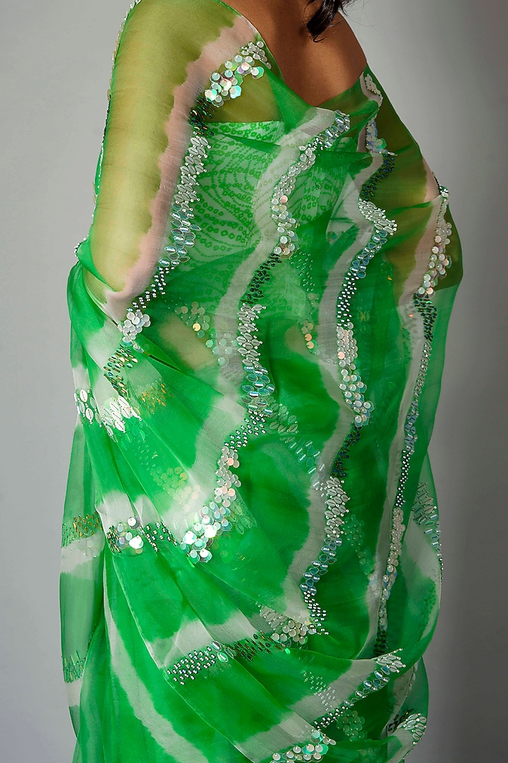 Green Silk Organza Tie-Dyed & Embroidered Wedding Saree by Saksham and Neharicka at Pernia's Pop Up Shop