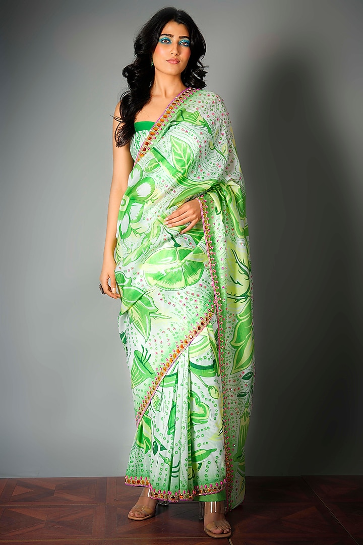 Green Chanderi Printed & Embroidered Handcrafted Saree by Saksham and Neharicka