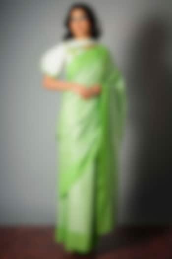 Green Silk Dori Saree With Attached Blouse Piece by Saksham and Neharicka