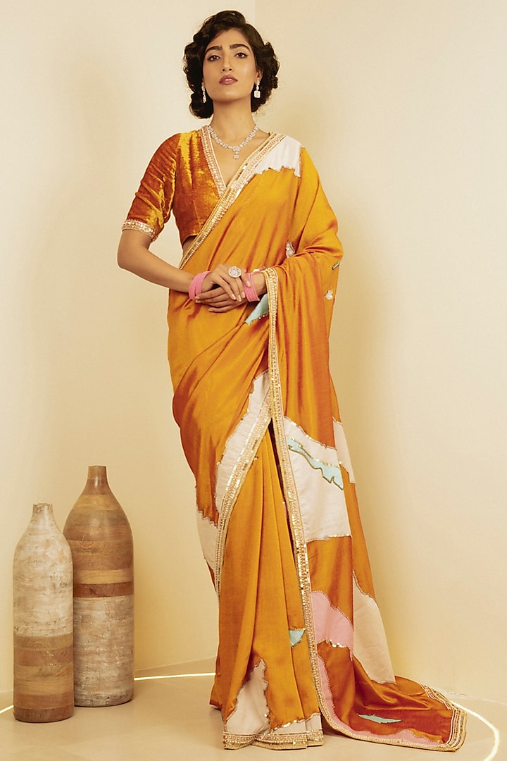 Ochre Tussar Silk Patchwork Hand Embroidered Saree Set by Saksham and Neharicka at Pernia's Pop Up Shop