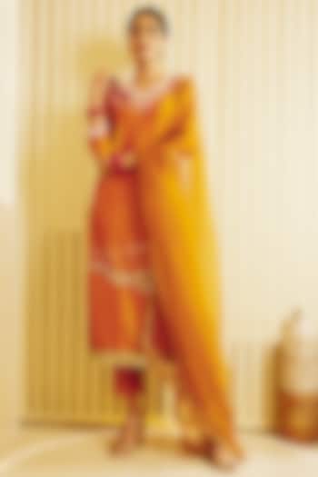 Ochre Hand Embroidered A-line Kurta Set by Saksham and Neharicka at Pernia's Pop Up Shop
