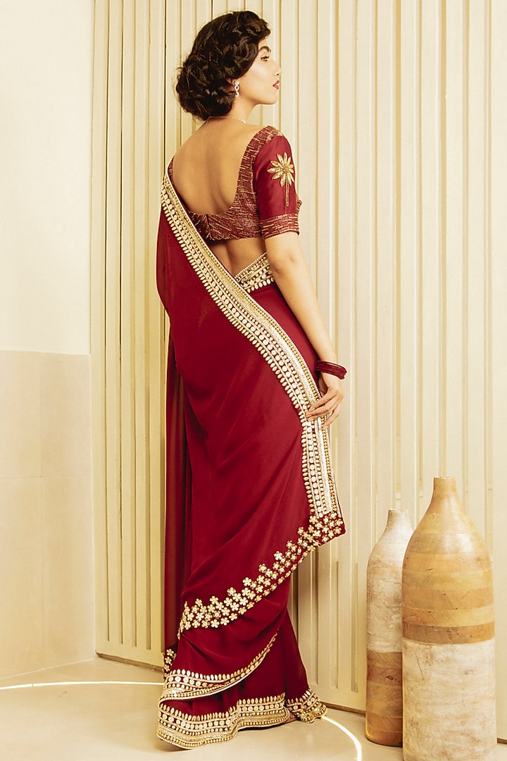 Maroon Hand Embroidered Wedding Saree Set by Saksham and Neharicka at Pernia's Pop Up Shop