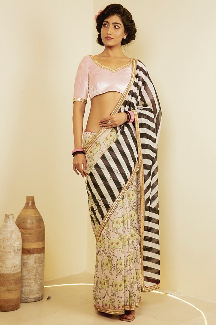 Black & Baby Pink Printed Saree Set by Saksham and Neharicka at Pernia's Pop Up Shop