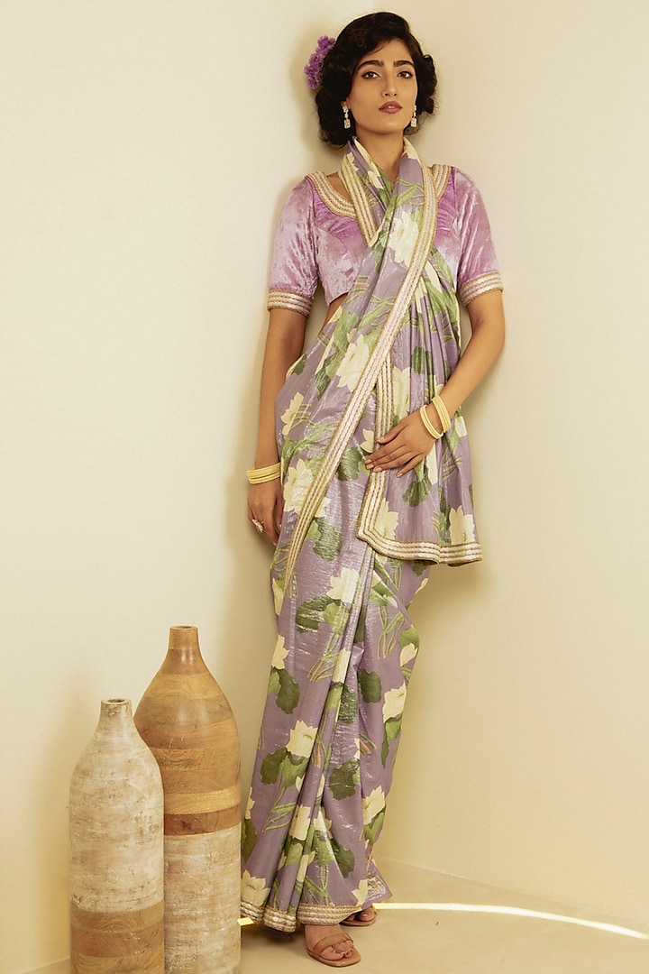 Lavender Cotton Lurex Printed & Embroidered Saree Set by Saksham and Neharicka at Pernia's Pop Up Shop