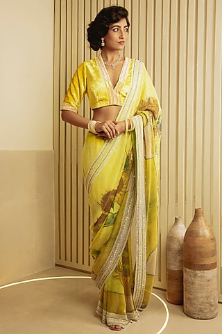 Yellow Velvet Embroidered Blouse by Saksham and Neharicka