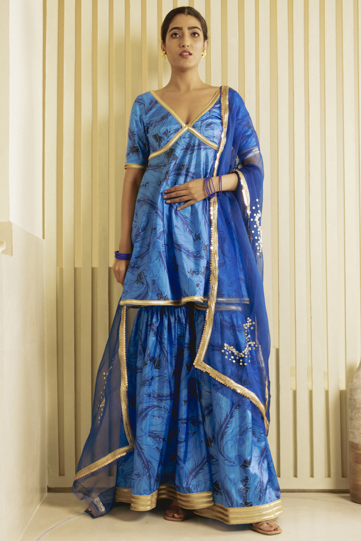 Royal Blue Printed Party Wear Sharara Set by Saksham and Neharicka at Pernia's Pop Up Shop