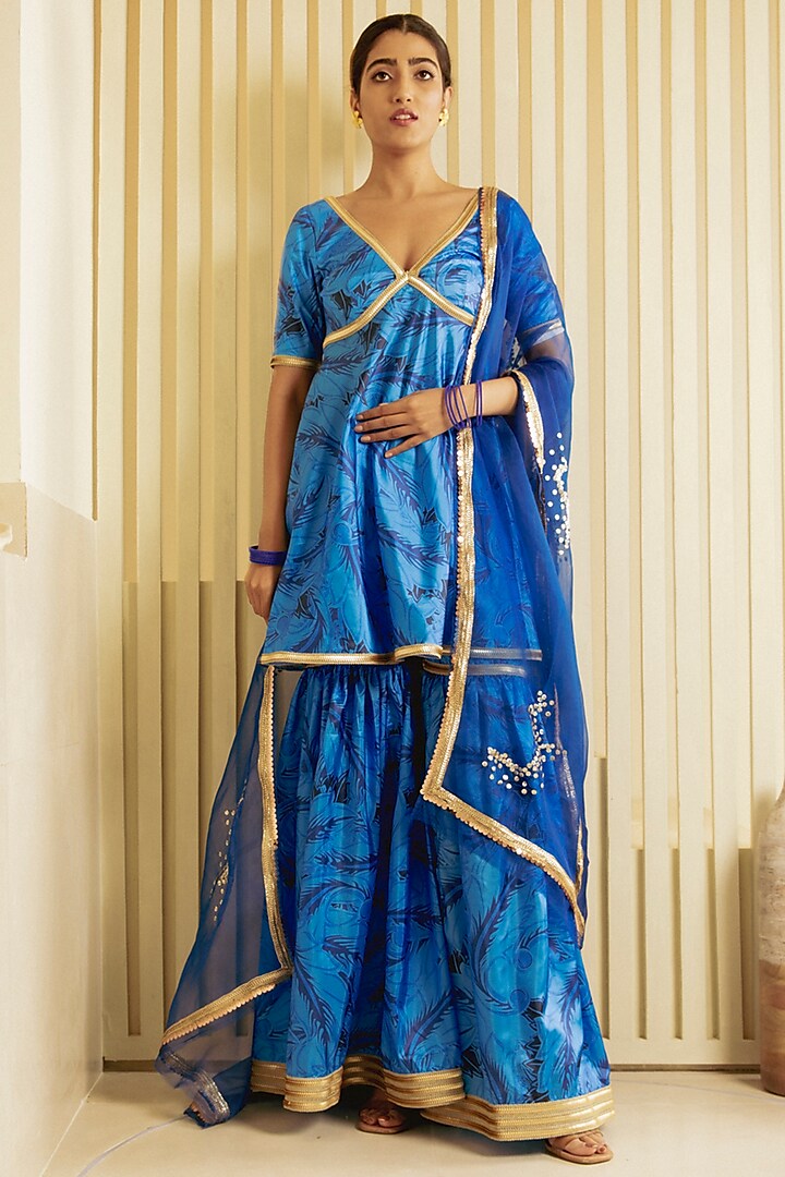 Royal Blue Printed Party Wear Sharara Set by Saksham and Neharicka at Pernia's Pop Up Shop