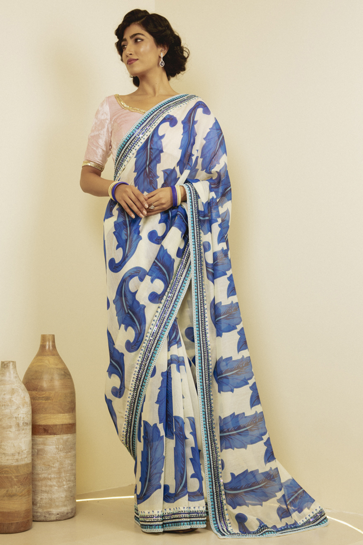Blue & White Chanderi Printed Party Wear Saree Set by Saksham and Neharicka at Pernia's Pop Up Shop