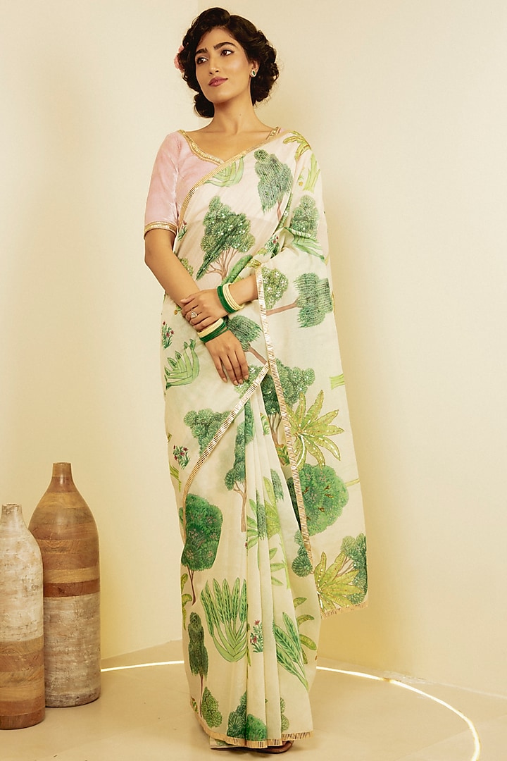 Green & Ivory Printed & Embroidered Saree Set by Saksham and Neharicka