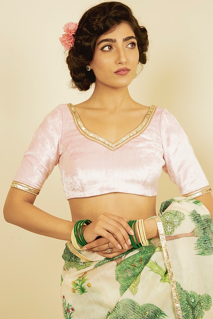 Pink Velvet Embroidered Blouse by Saksham and Neharicka at Pernia's Pop Up Shop