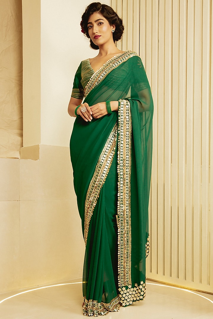 Green Embroidered Saree Set In Georgette by Saksham and Neharicka