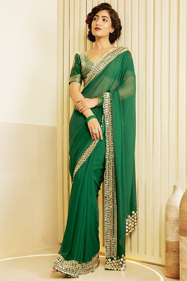 Green Embroidered Wedding Saree Set In Georgette by Saksham and Neharicka at Pernia's Pop Up Shop