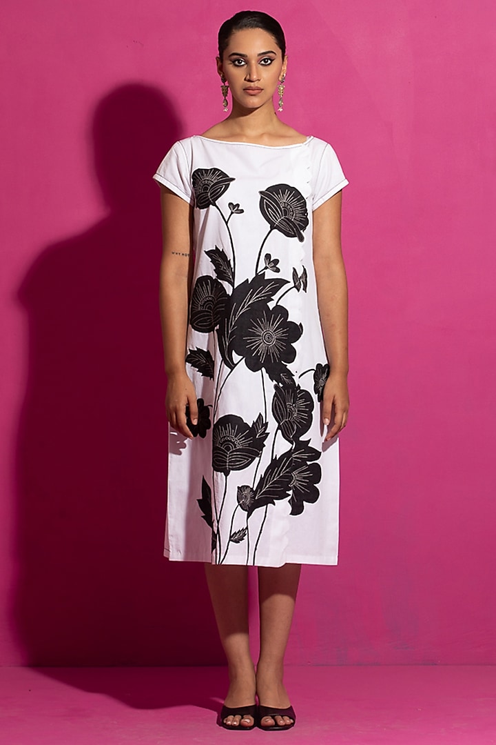 Ivory & Black Mulmul Applique Dress by Saksham and Neharicka at Pernia's Pop Up Shop