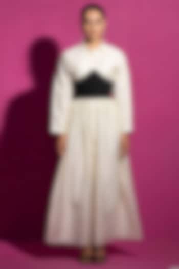 Ivory Chanderi & Cotton Silk Maxi Dress by Saksham and Neharicka