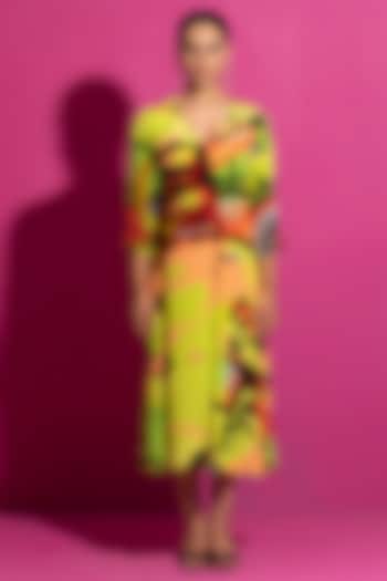 Multi-Colored Crepe Printed Midi Dress by Saksham and Neharicka