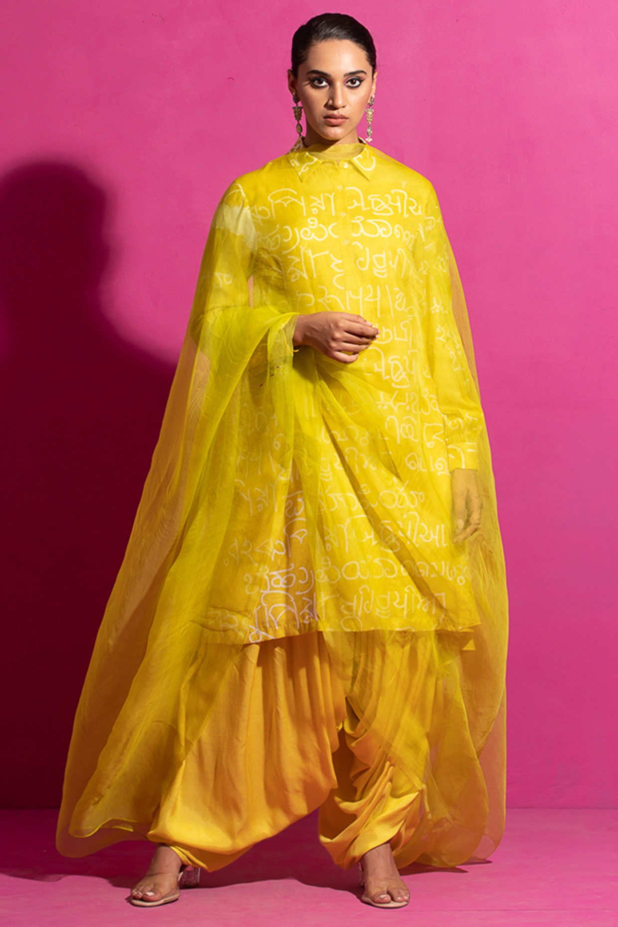 Yellow Cotton Satin Printed Kurta Set by Saksham and Neharicka at Pernia's Pop Up Shop