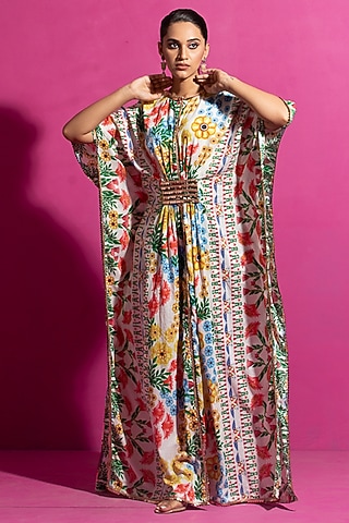 Multi-Colored Chanderi Floral Printed Kaftan by Saksham and Neharicka