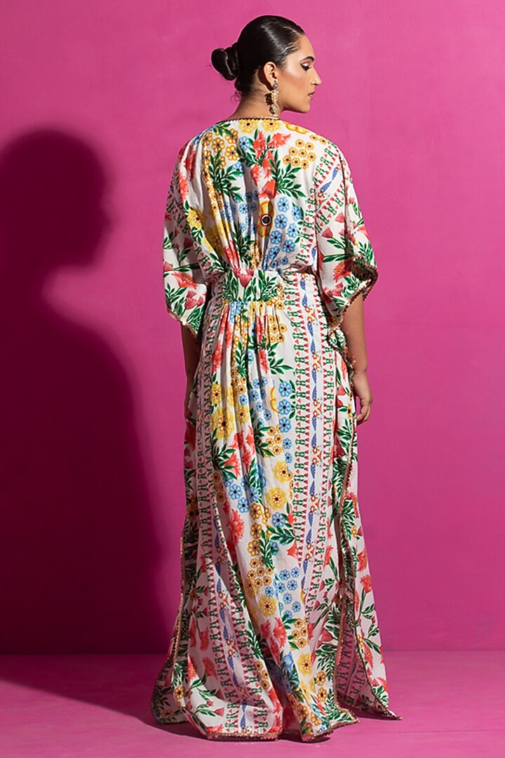 Multi-Colored Chanderi Floral Printed Kaftan by Saksham and Neharicka at Pernia's Pop Up Shop