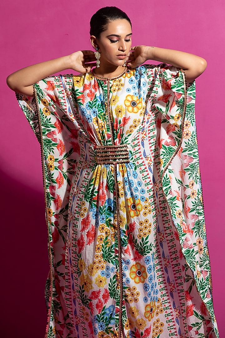 Multi-Colored Chanderi Floral Printed Kaftan by Saksham and Neharicka at Pernia's Pop Up Shop