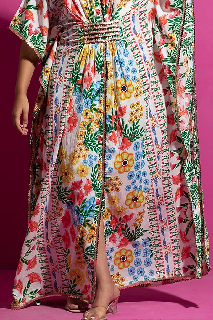 Multi-Colored Chanderi Floral Printed Kaftan by Saksham and Neharicka at Pernia's Pop Up Shop