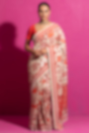 Ivory Cotton Lurex Floral Hand Painted & Pearl Hand Embroidered Party Wear Saree Set by Saksham and Neharicka at Pernia's Pop Up Shop