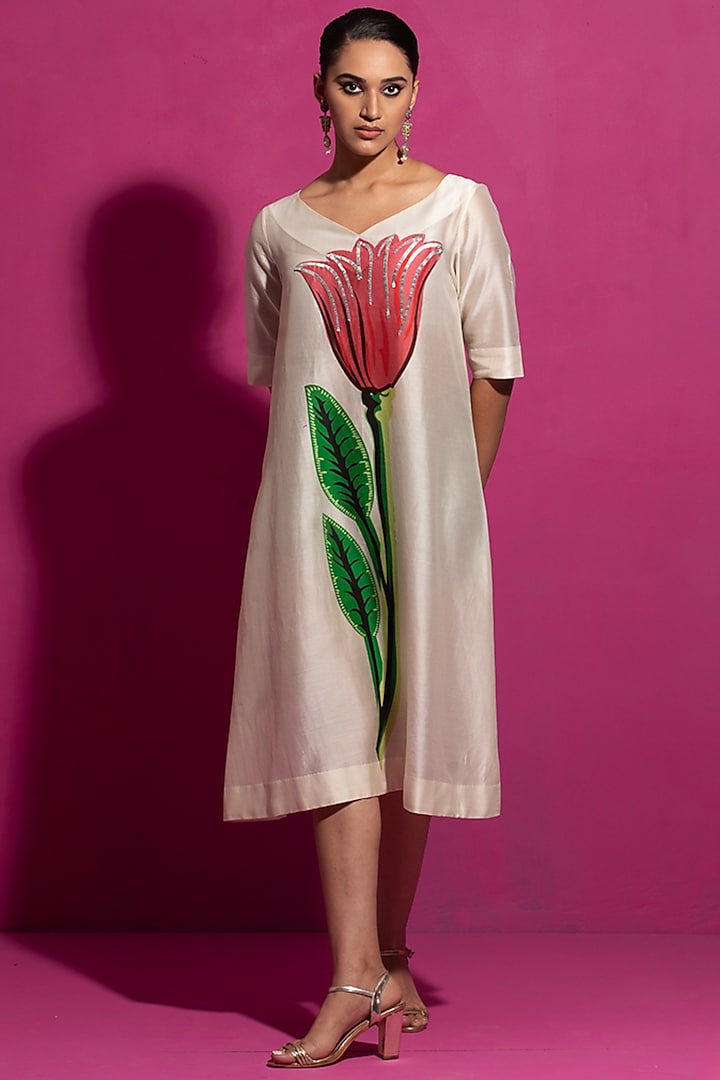 Ivory Chanderi Silk Handwoven Hand Painted & Hand Embroidered Dress by Saksham and Neharicka
