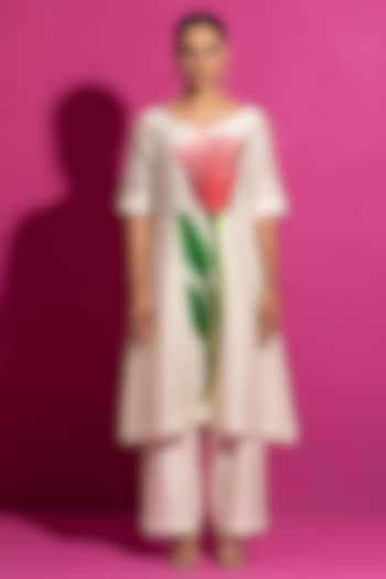 Ivory Chanderi Cotton Silk Hand Painted & Hand Embroidered Kurta Set by Saksham and Neharicka at Pernia's Pop Up Shop